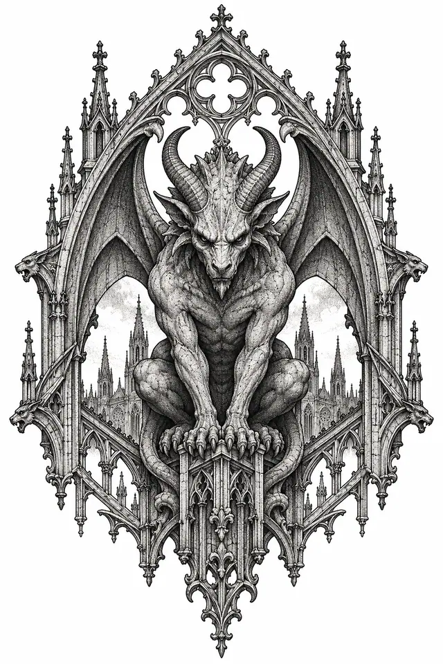Dotwork gargoyle tattoo design for the back