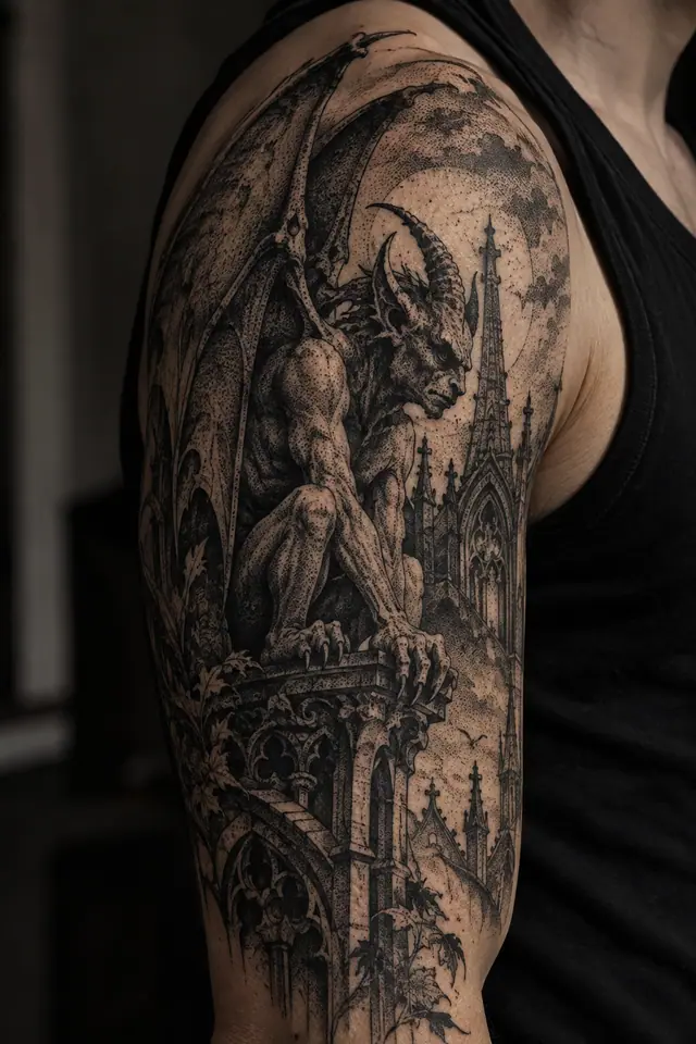 Dotwork gargoyle tattoo on the upper arm (half sleeve)