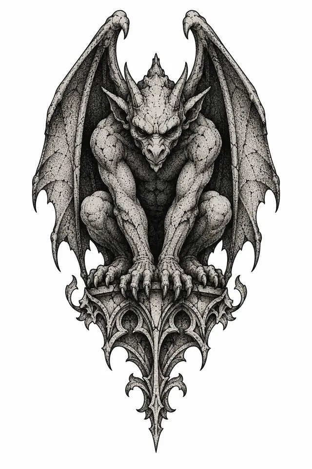 Dotwork gargoyle tattoo design for the hand