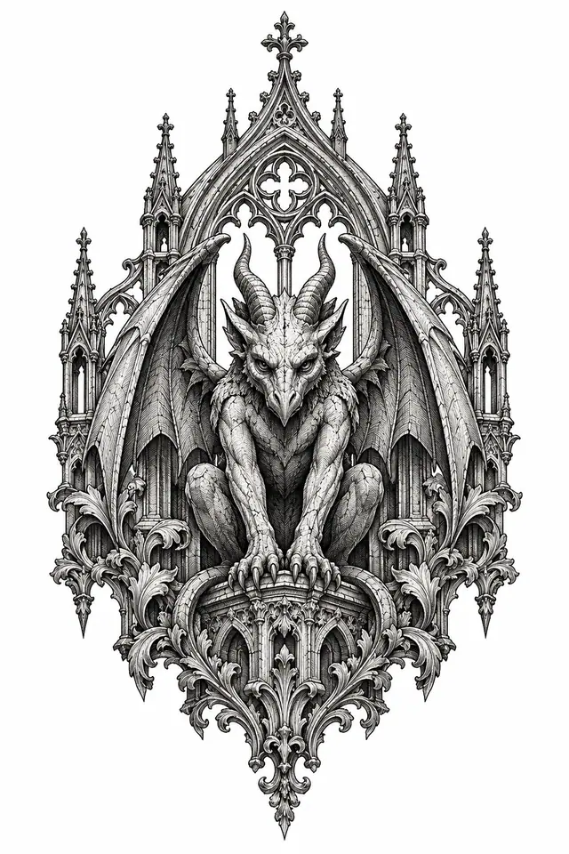 Engraving-style gargoyle tattoo design for the back