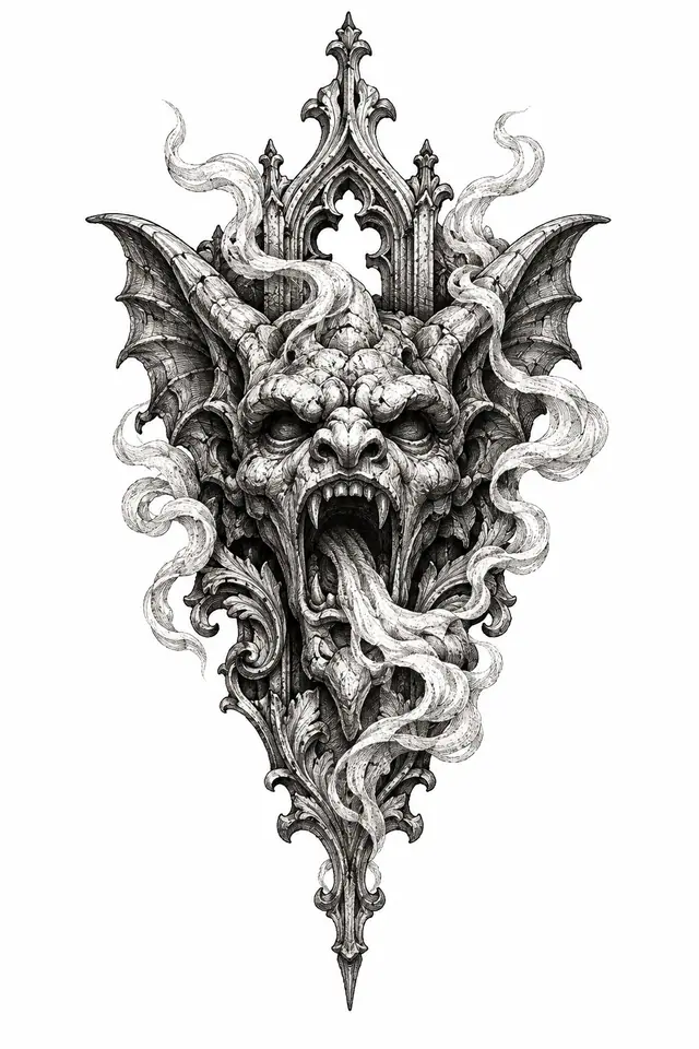 Engraving-style gargoyle tattoo design for the hand