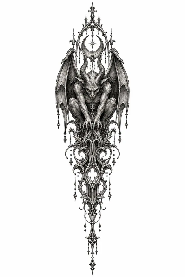 Engraving-style gargoyle tattoo design for the spine