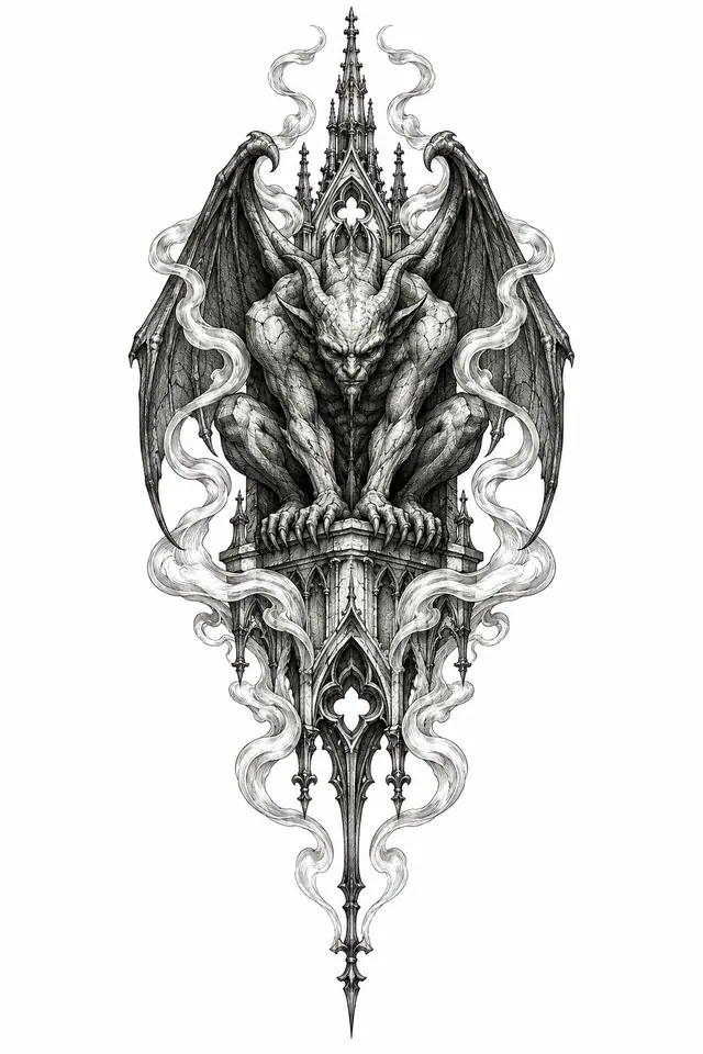 Engraving-style gargoyle tattoo design for the sternum