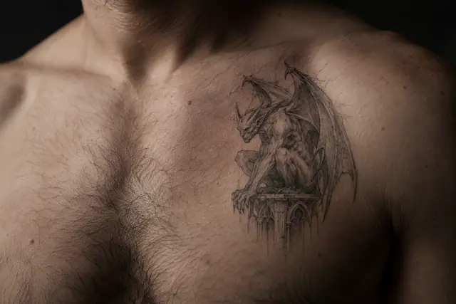 Fine-line gargoyle tattoo on the chest