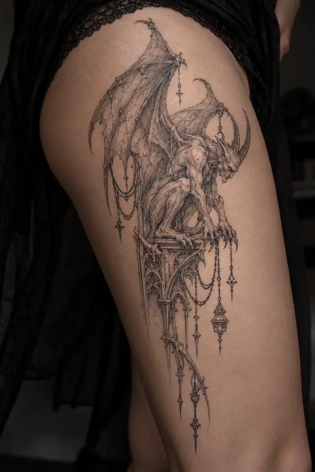 Fine-line gargoyle tattoo on the thigh