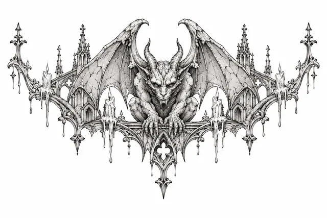 Fine-line gargoyle tattoo design for the throat