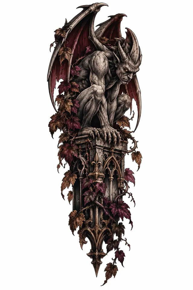 Neo-traditional gargoyle tattoo design for the calf