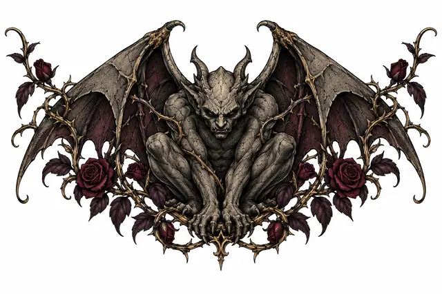 Neo-traditional gargoyle tattoo design for the throat