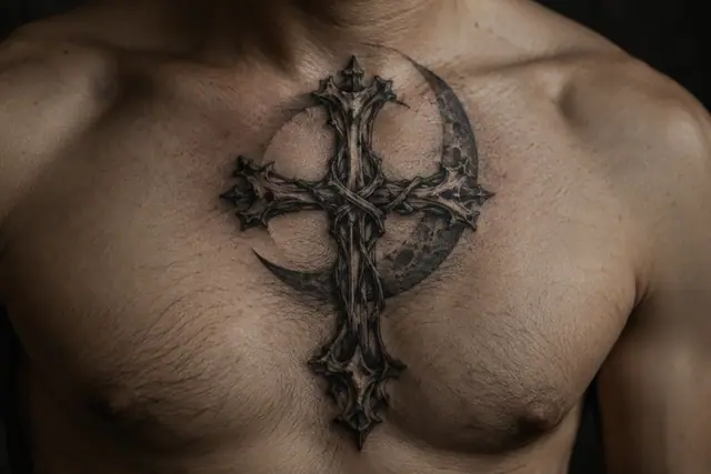 Black and grey gothic cross tattoo on the chest