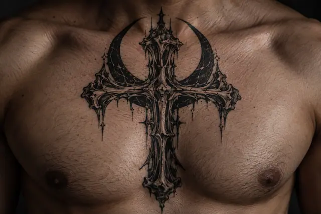 Blackwork gothic cross tattoo on the chest