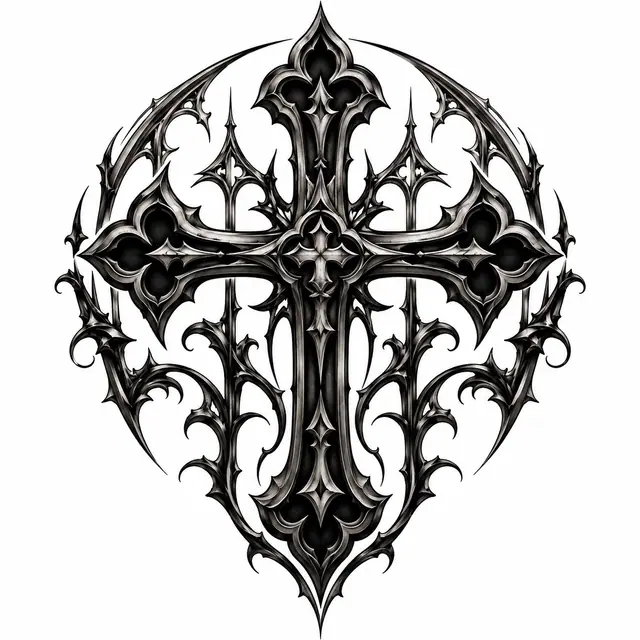 Blackwork gothic cross tattoo design for the shoulder