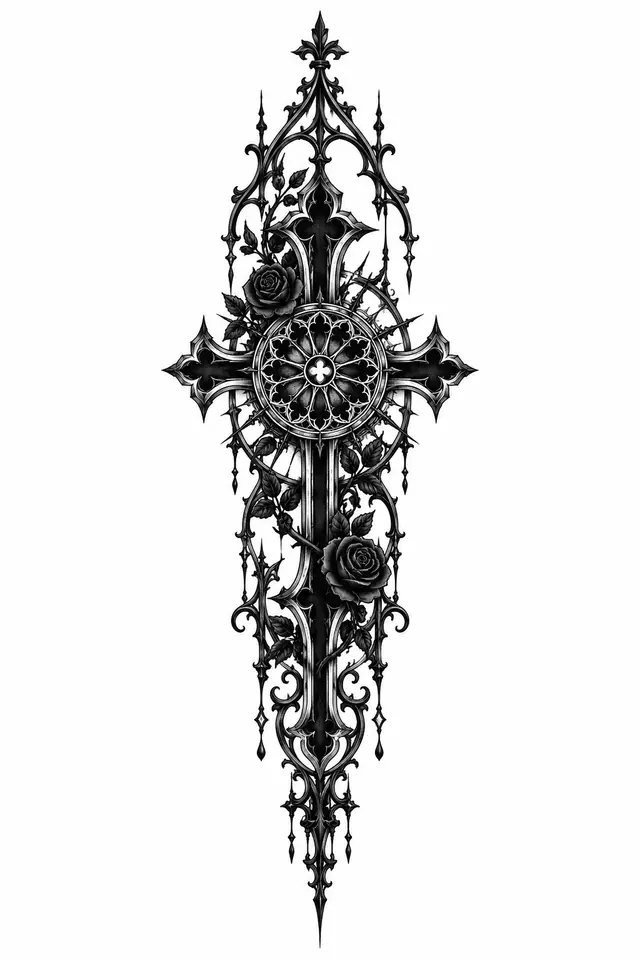 Blackwork gothic cross tattoo design for the spine