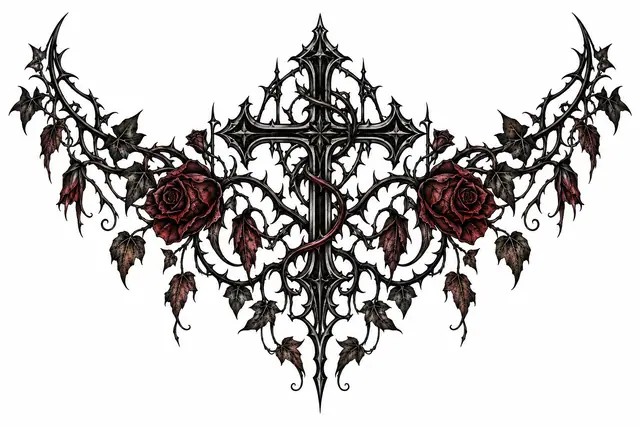 Blackwork gothic cross tattoo design for the throat