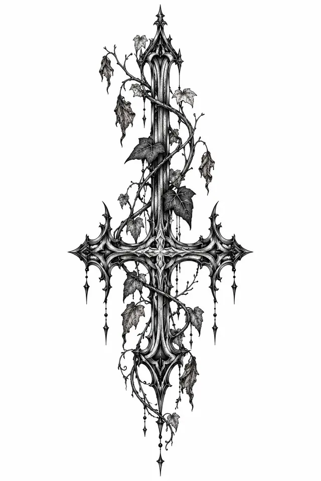 Dotwork gothic cross tattoo design for the calf