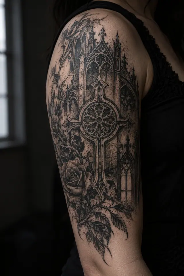 Dotwork gothic cross tattoo on the upper arm (half sleeve)