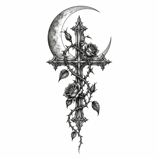 Engraving-style gothic cross tattoo design for the ankle