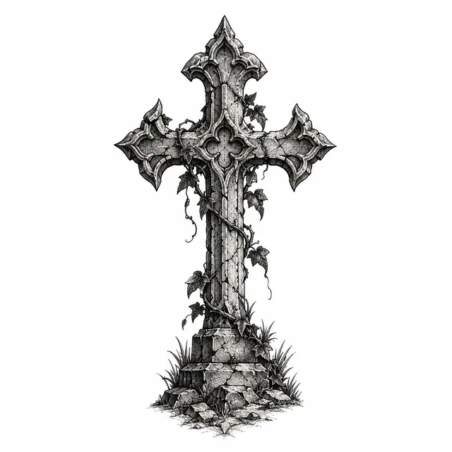 Engraving-style gothic cross tattoo design for the ankle