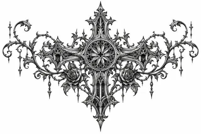 Engraving-style gothic cross tattoo design for the chest