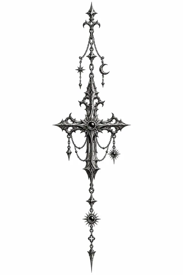 Engraving-style gothic cross tattoo design for the spine