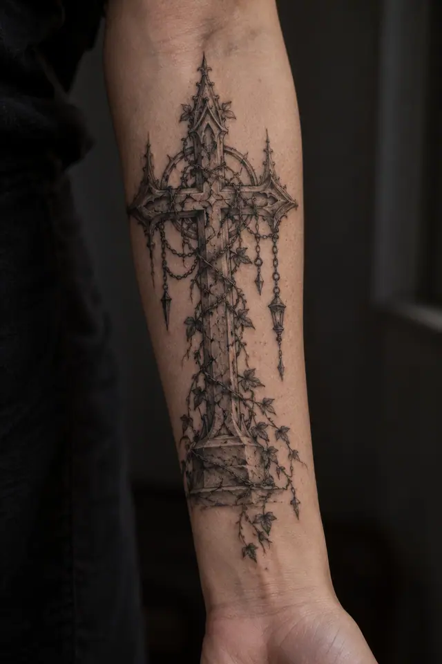 Fine-line gothic cross tattoo on the forearm