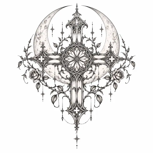 Fine-line gothic cross tattoo design for the shoulder