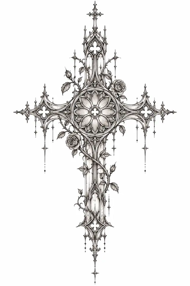 Fine-line gothic cross tattoo design for the sternum