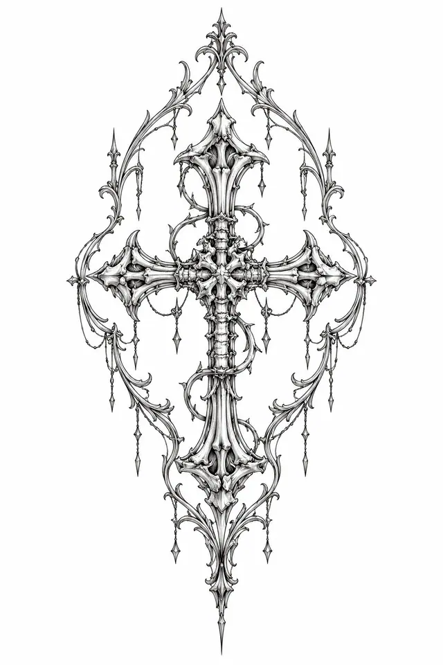Fine-line gothic cross tattoo design for the sternum