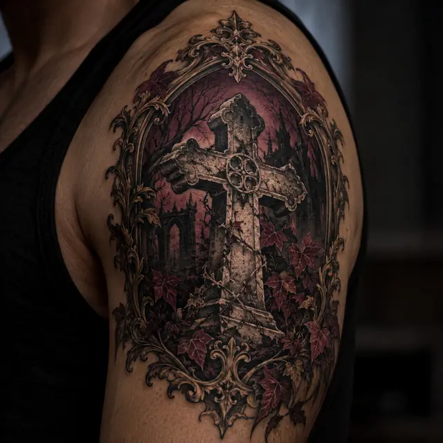 Neo-traditional gothic cross tattoo on the shoulder