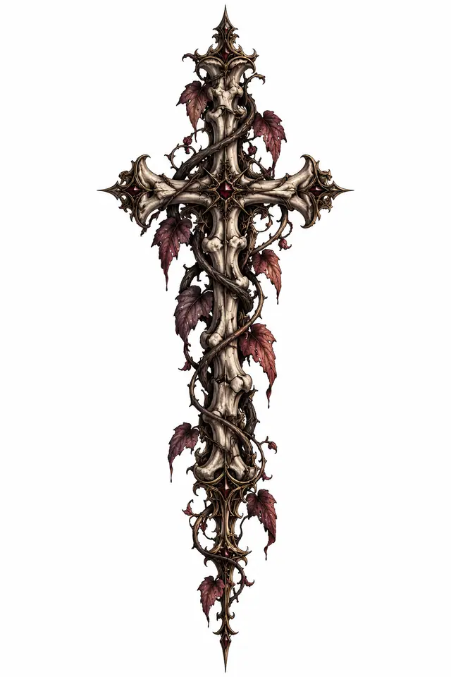 Neo-traditional gothic cross tattoo design for the spine