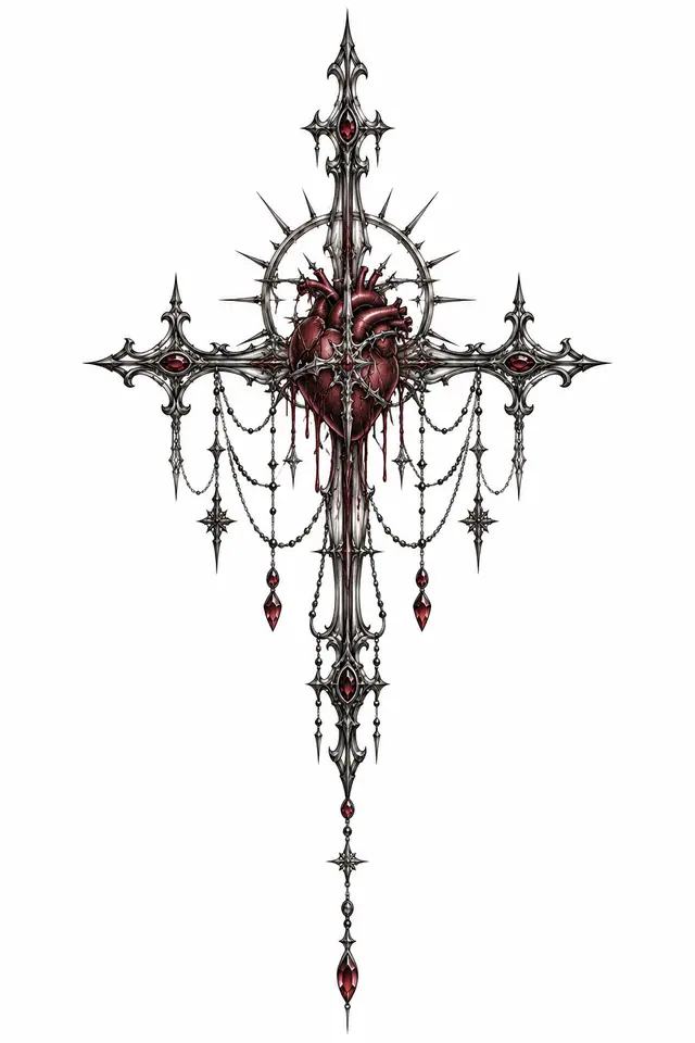 Red and black gothic cross tattoo design for the sternum
