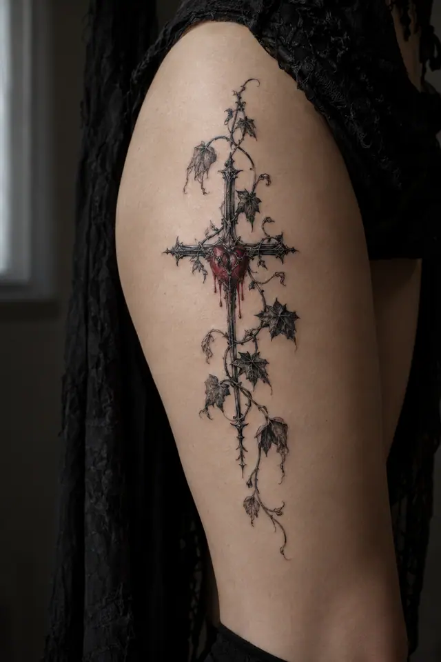 Red and black gothic cross tattoo on the thigh