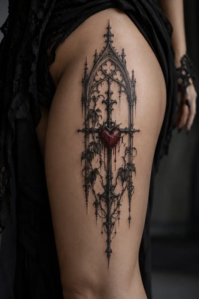 Red and black gothic cross tattoo on the thigh
