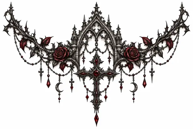 Red and black gothic cross tattoo design for the throat