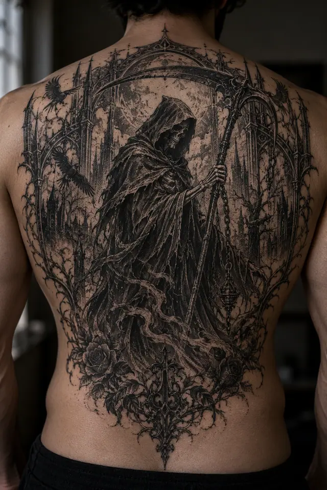 Dotwork grim reaper tattoo on the back