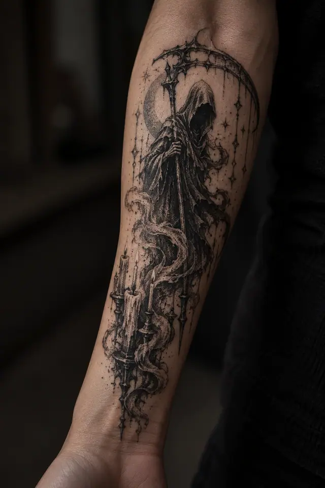 Dotwork grim reaper tattoo on the forearm