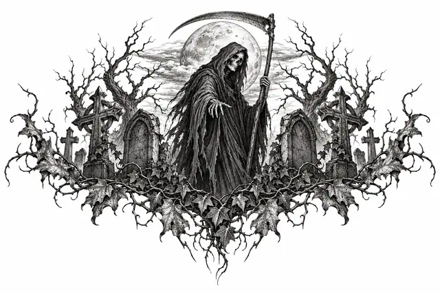 Engraving-style grim reaper tattoo design for the throat