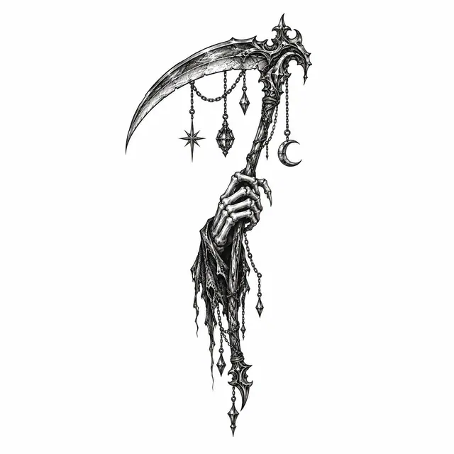 Engraving-style grim reaper tattoo design for the wrist