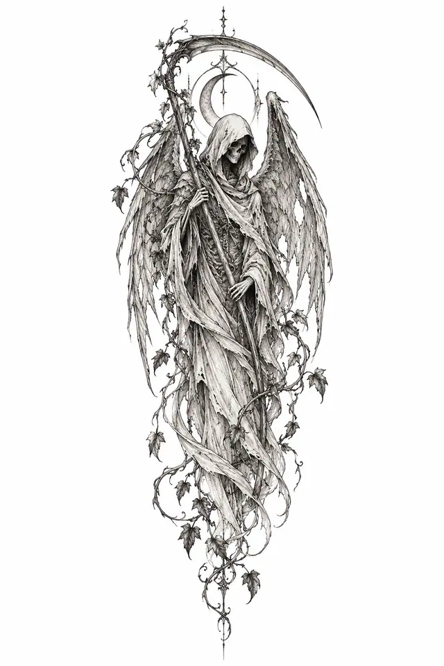 Fine-line grim reaper tattoo design for the calf