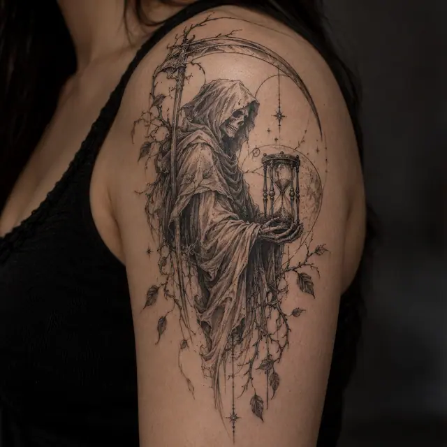 Fine-line grim reaper tattoo on the shoulder