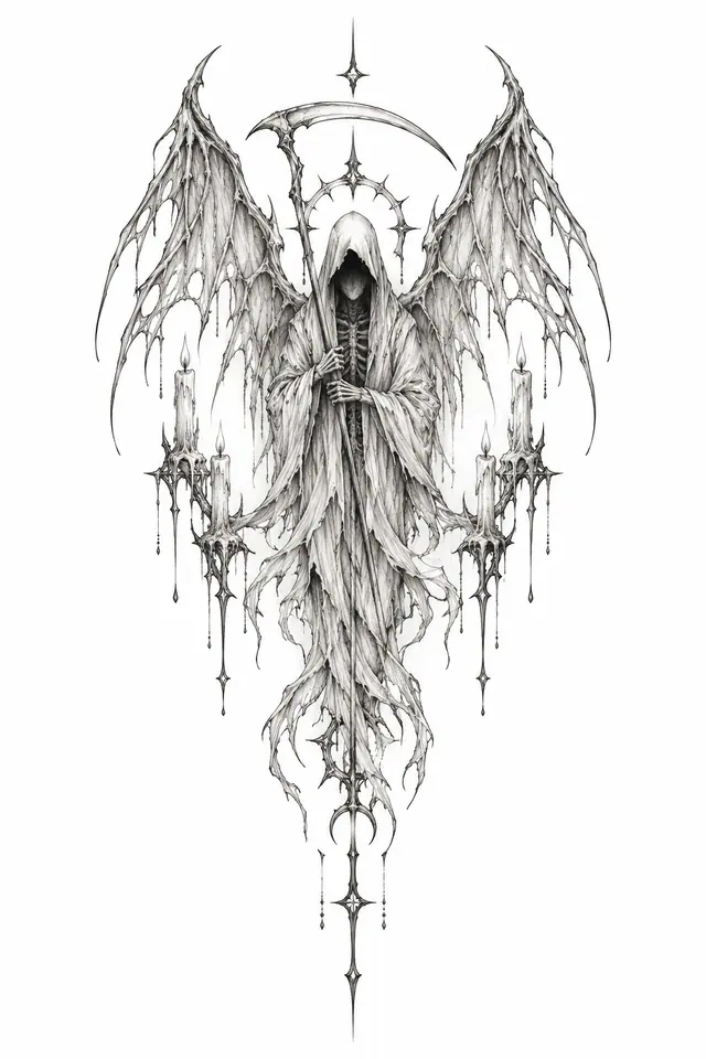 Fine-line grim reaper tattoo design for the sternum