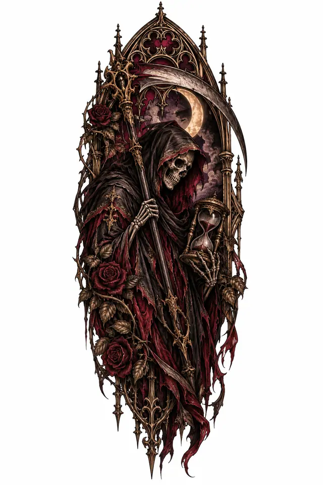 Neo-traditional grim reaper tattoo design for the upper arm (half sleeve)