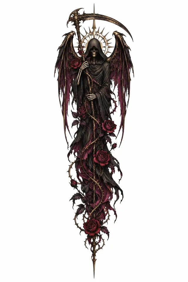 Neo-traditional grim reaper tattoo design for the spine