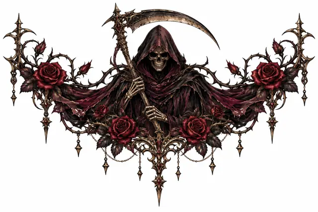 Neo-traditional grim reaper tattoo design for the throat