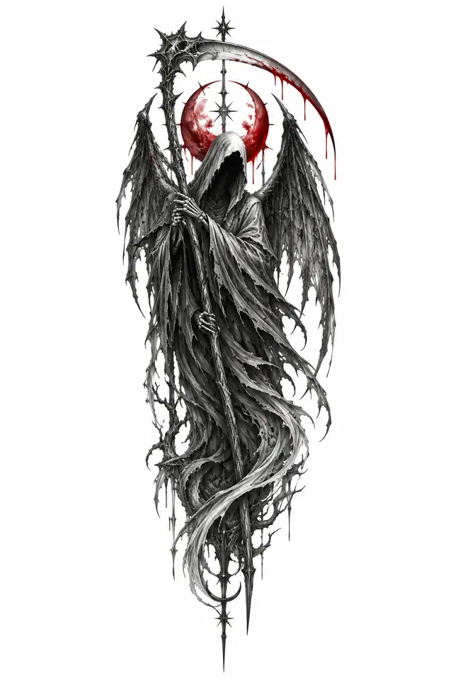 Red and black grim reaper tattoo design for the forearm