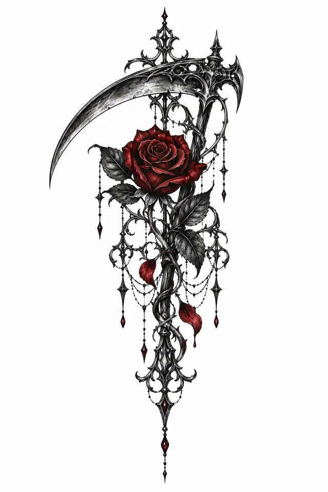 Red and black grim reaper tattoo design for the hand