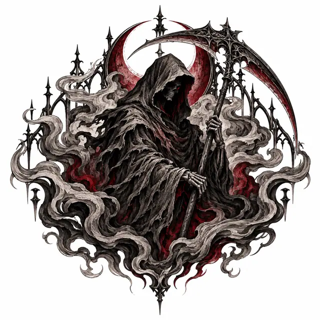 Red and black grim reaper tattoo design for the shoulder