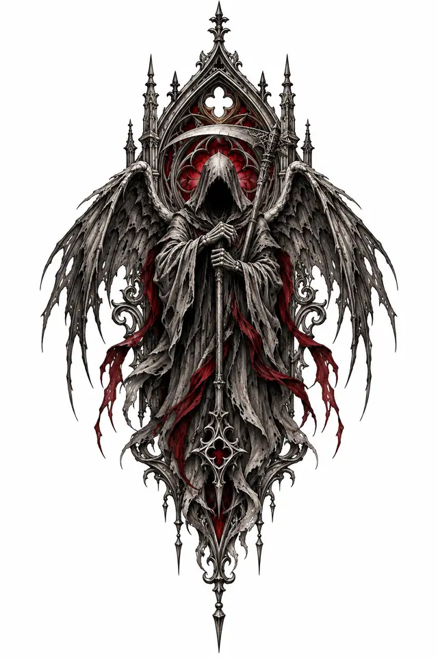 Red and black grim reaper tattoo design for the sternum