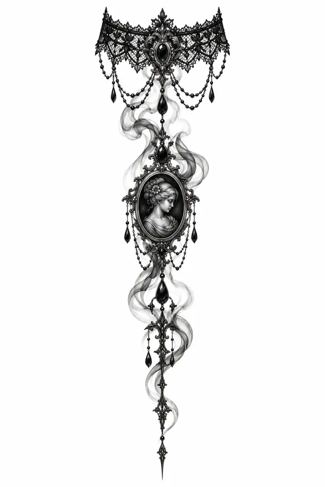 Black and grey gothic lace tattoo design for the spine