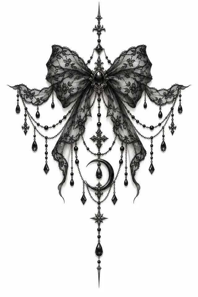 Black and grey gothic lace tattoo design for the sternum