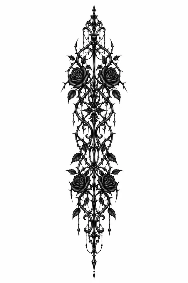 Blackwork gothic lace tattoo design for the spine